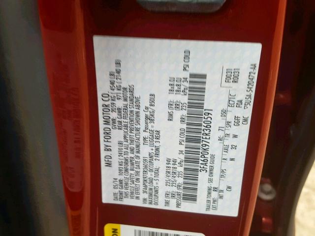 3FA6P0K97ER360591 - 2014 FORD FUSION TIT RED photo 10