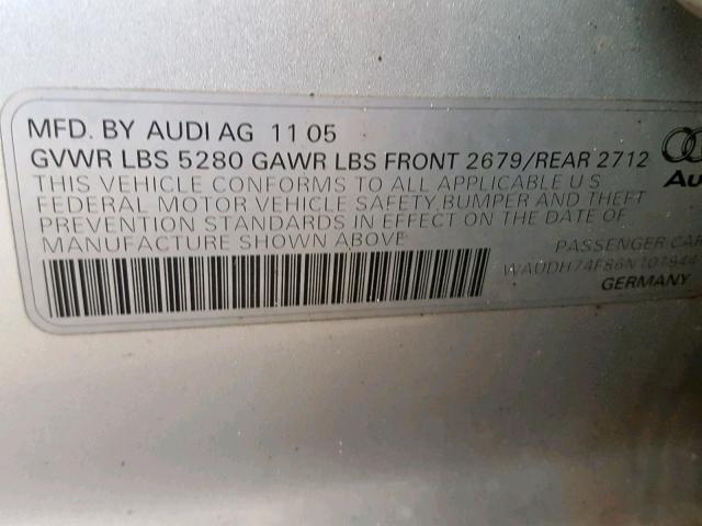 WAUDH74F86N101944 - 2006 AUDI A6 3.2 QUA SILVER photo 10