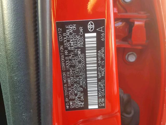 JTDKDTB31C1502035 - 2012 TOYOTA PRIUS C RED photo 10