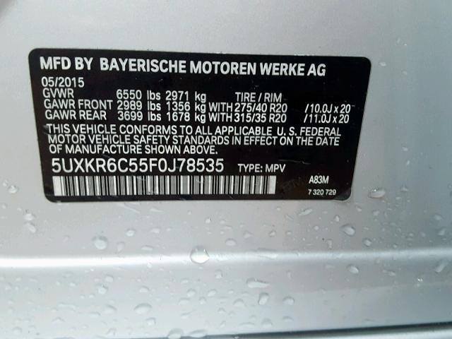 5UXKR6C55F0J78535 - 2015 BMW X5 XDRIVE5 SILVER photo 10