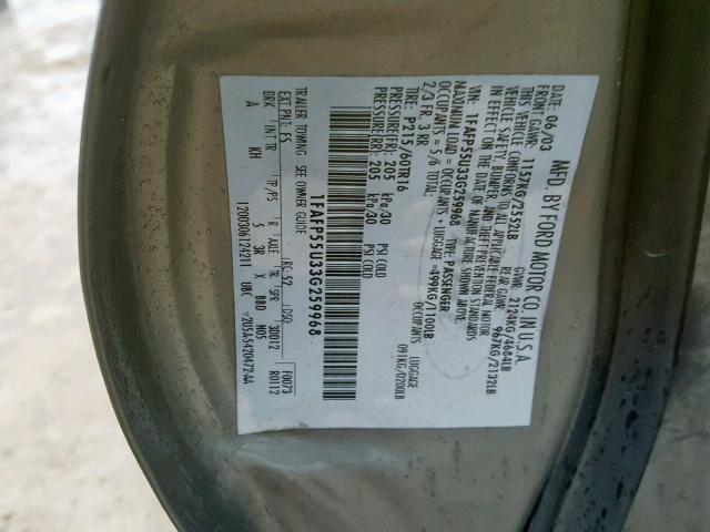 1FAFP55U33G259968 - 2003 FORD TAURUS SES GRAY photo 10