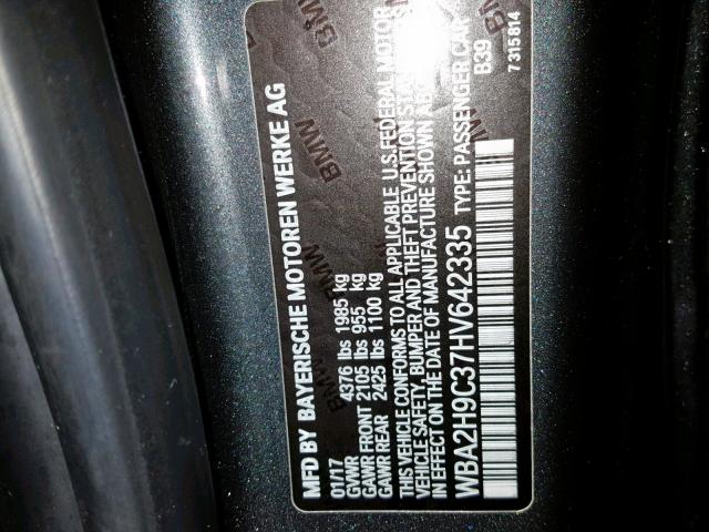 WBA2H9C37HV642335 - 2017 BMW 230XI GRAY photo 10