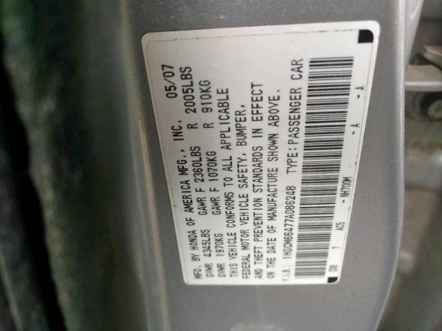 1HGCM66477A086248 - 2007 HONDA ACCORD SE SILVER photo 10