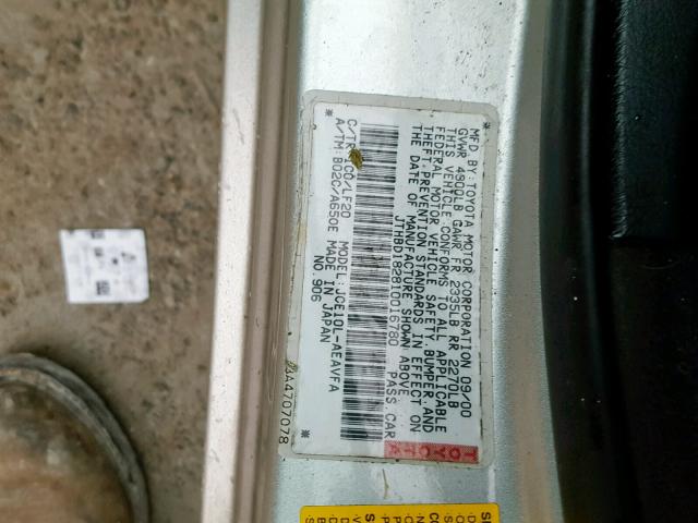 JTHBD182810016780 - 2001 LEXUS IS 300 SILVER photo 10