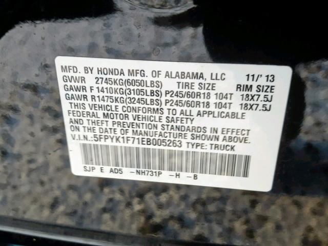 5FPYK1F71EB005263 - 2014 HONDA RIDGELINE BLACK photo 10