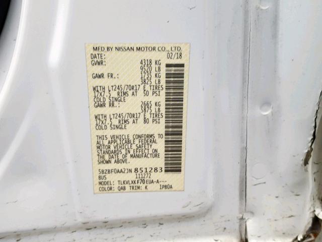 5BZBF0AA2JN851283 - 2018 NISSAN NV 3500 WHITE photo 10