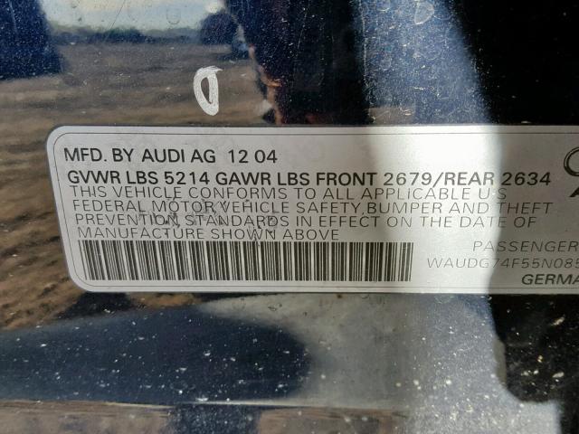 WAUDG74F55N085509 - 2005 AUDI A6 3.2 QUA BLUE photo 10