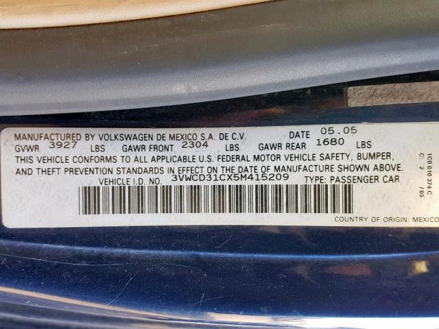 3VWCD31CX5M415209 - 2005 VOLKSWAGEN NEW BEETLE 蓝色 照片 10