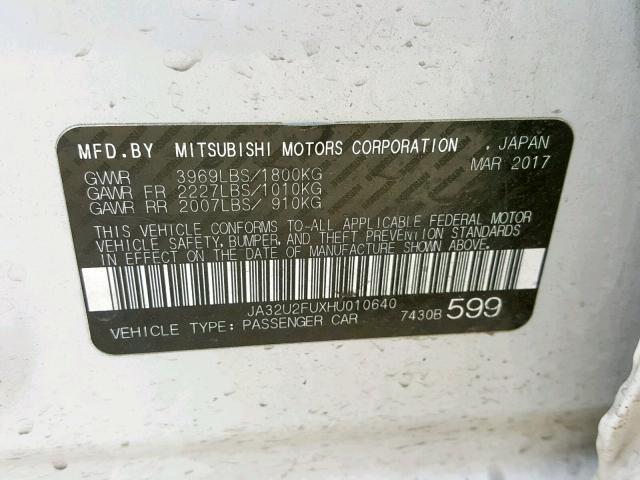 JA32U2FUXHU010640 - 2017 MITSUBISHI LANCER ES WHITE photo 10