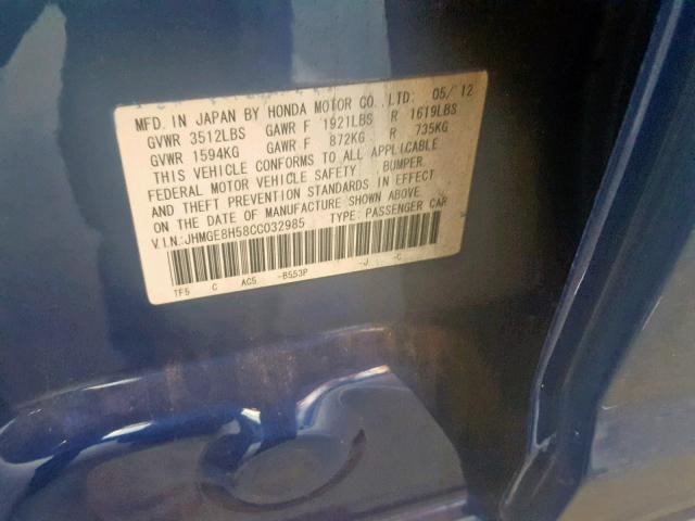 JHMGE8H58CC032985 - 2012 HONDA FIT SPORT BLUE photo 10