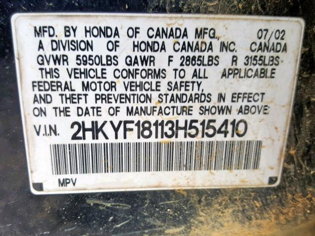 2HKYF18113H515410 - 2003 HONDA PILOT LX BLACK photo 10