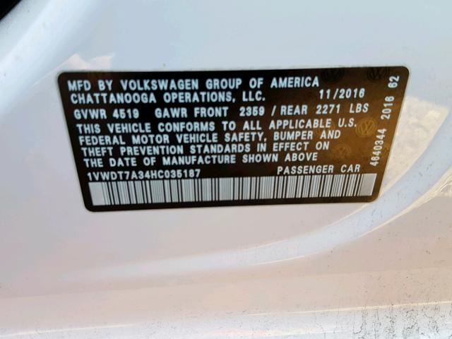1VWDT7A34HC035187 - 2017 VOLKSWAGEN PASSAT R-L WHITE photo 10