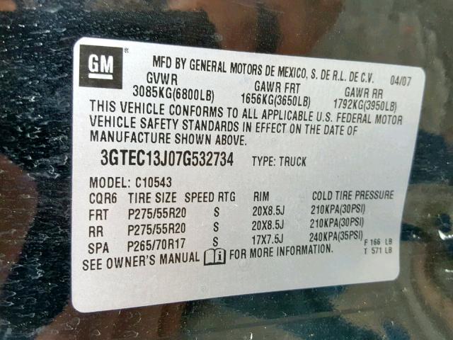 3GTEC13J07G532734 - 2007 GMC NEW SIERRA BLACK photo 10