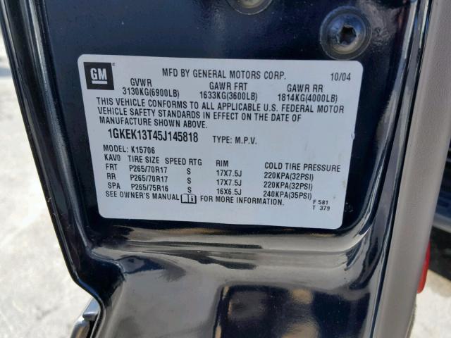 1GKEK13T45J145818 - 2005 GMC YUKON BLUE photo 10