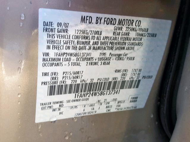 1FAHP24W58G137341 - 2008 FORD TAURUS SEL CREAM photo 10