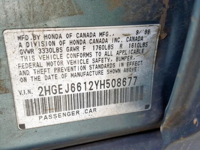 2HGEJ6612YH508677 - 2000 HONDA CIVIC BASE Mavi foto 10