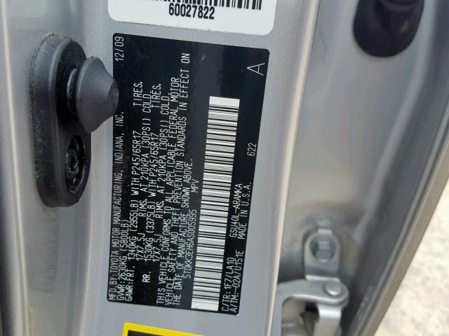 5TDKK3EH6AS005995 - 2010 TOYOTA HIGHLANDER SILVER photo 10