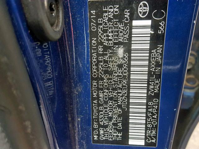 JTDZN3EU9EJ009366 - 2014 TOYOTA PRIUS V BLUE photo 10