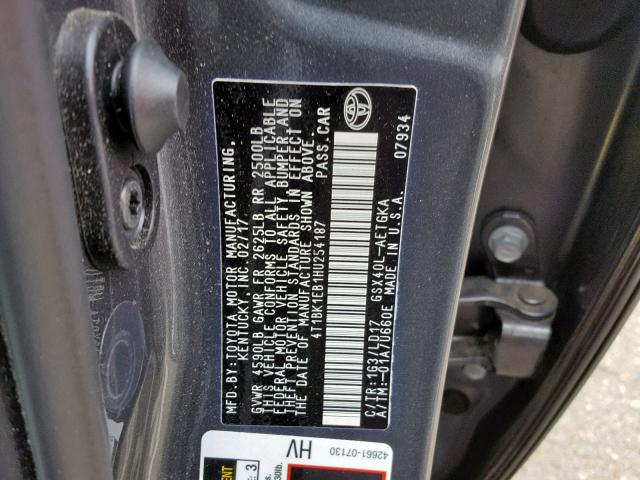 4T1BK1EB1HU254187 - 2017 TOYOTA AVALON XLE CHARCOAL photo 10