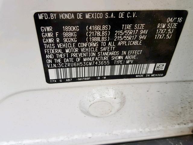 3CZRU6H53GM743655 - 2016 HONDA HR-V EX WHITE photo 10