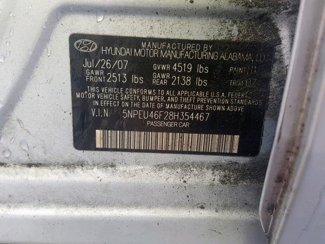 5NPEU46F28H354467 - 2008 HYUNDAI SONATA SE BLUE photo 10