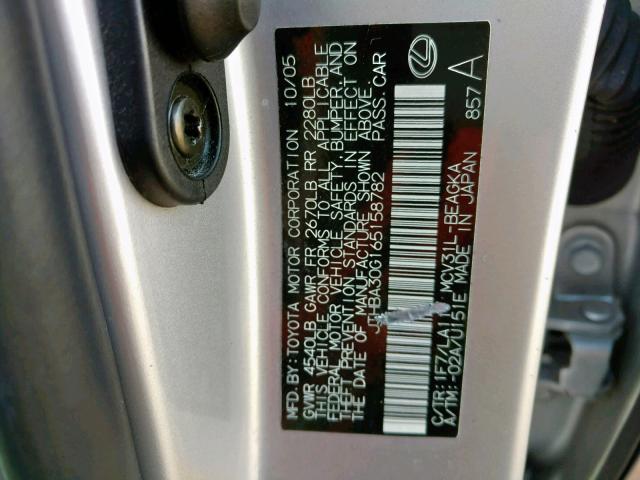 JTHBA30G165158782 - 2006 LEXUS ES 330 SILVER photo 10