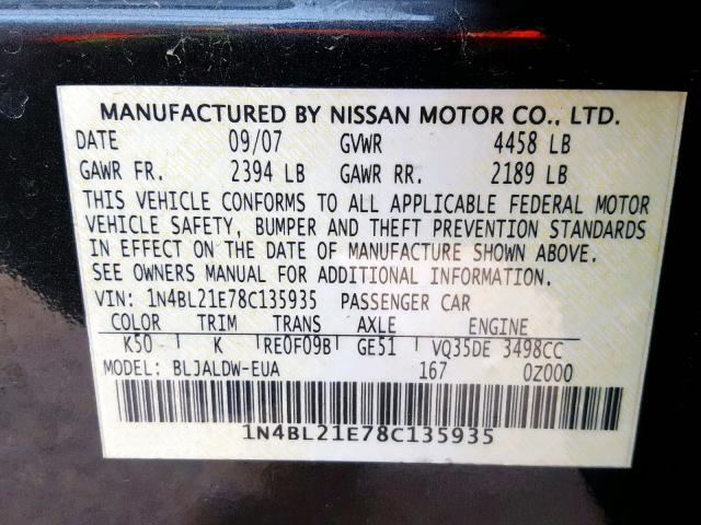 1N4BL21E78C135935 - 2008 NISSAN ALTIMA 3.5 GRAY photo 10