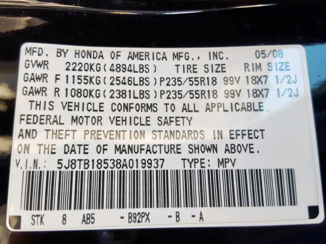 5J8TB18538A019937 - 2008 ACURA RDX TECHNO BLACK photo 10