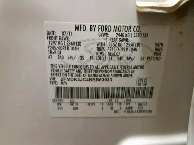 2FMDK3JC4BBB63933 - 2011 FORD EDGE SEL WHITE photo 10