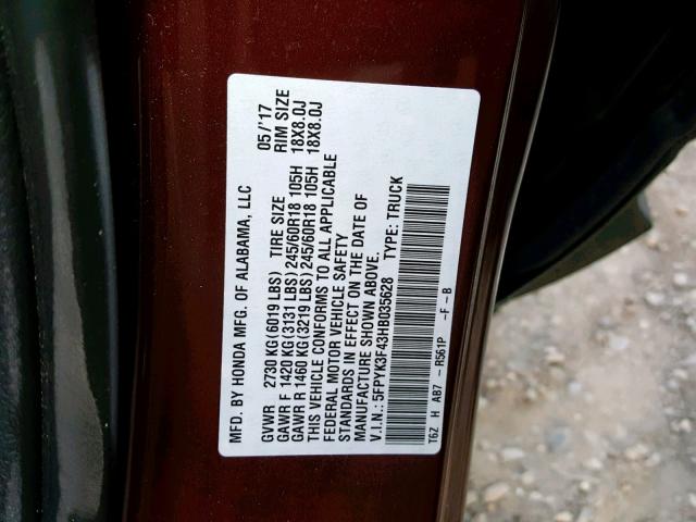 5FPYK3F43HB035628 - 2017 HONDA RIDGELINE BURGUNDY photo 10