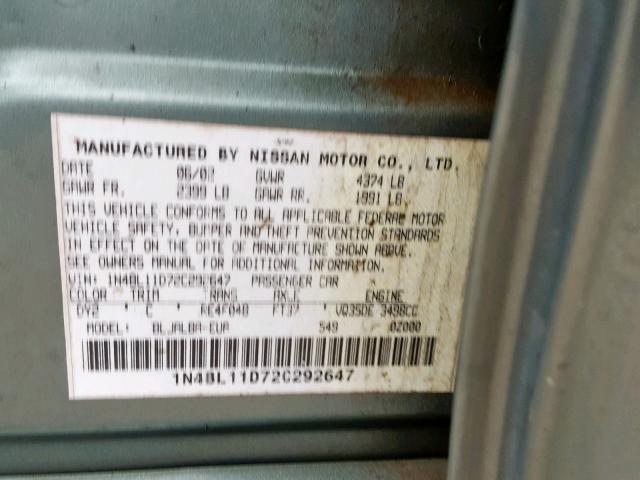 1N4BL11D72C292647 - 2002 NISSAN ALTIMA SE GRAY photo 10