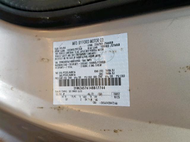 2FMZA57614BB17744 - 2004 FORD FREESTAR S SILVER photo 10