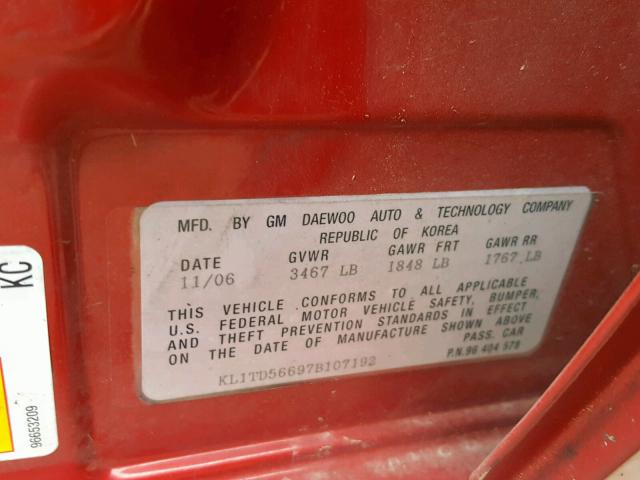 KL1TD56697B107192 - 2007 CHEVROLET AVEO BASE მუქწითელი ფოტო 10