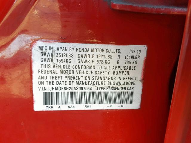 JHMGE8H20AS007054 - 2010 HONDA FIT RED photo 10