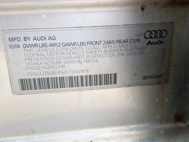 WAUJT68E45A104049 - 2005 AUDI A4 3.0 SILVER photo 10