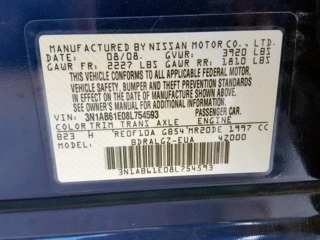 3N1AB61E08L754593 - 2008 NISSAN SENTRA 2.0 BLUE photo 10