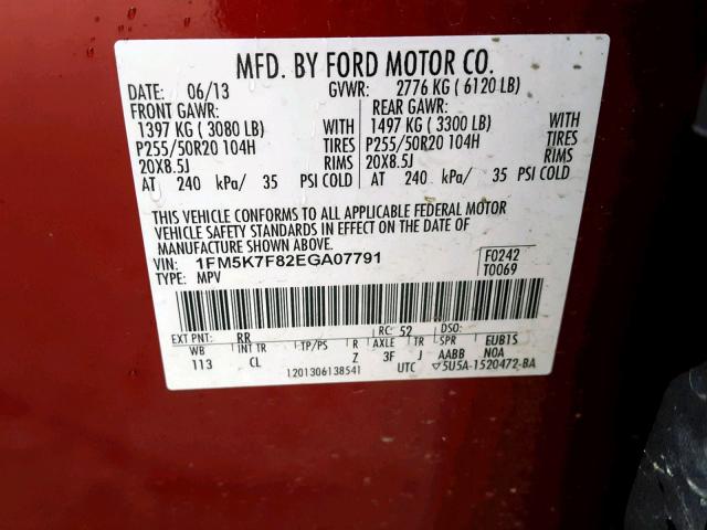 1FM5K7F82EGA07791 - 2014 FORD EXPLORER L RED photo 10