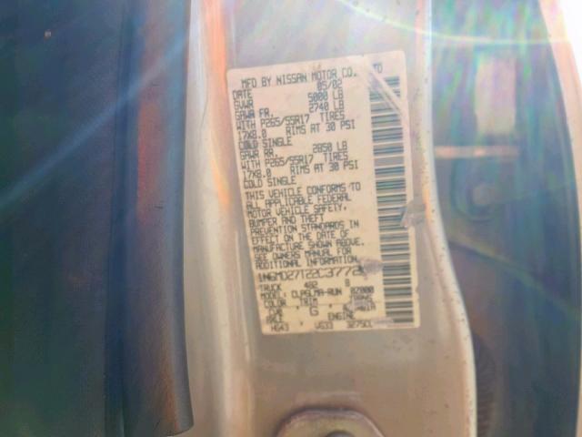 1N6MD27T22C377297 - 2002 NISSAN FRONTIER C SILVER photo 10