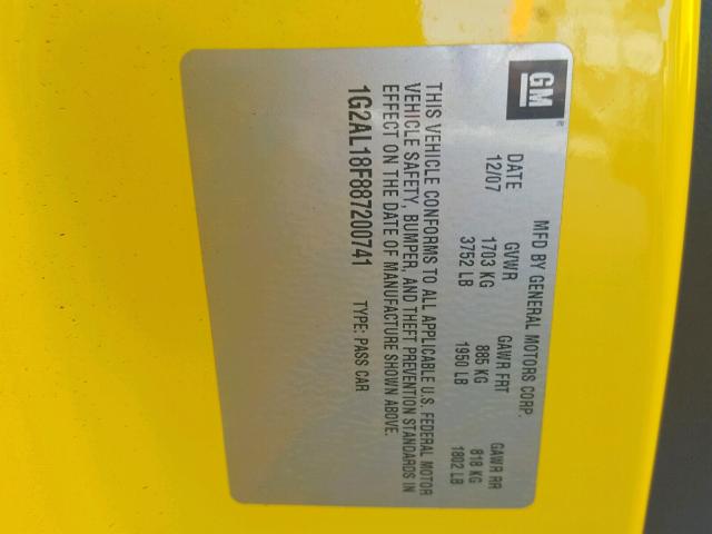 1G2AL18F887200741 - 2008 PONTIAC G5 YELLOW photo 10