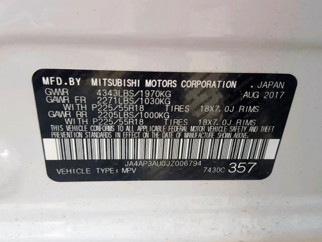 JA4AP3AU0JZ006794 - 2018 MITSUBISHI OUTLANDER WHITE photo 10