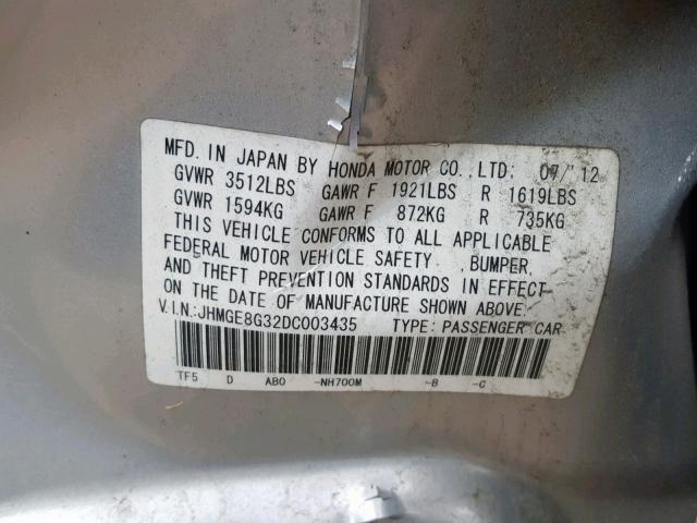 JHMGE8G32DC003435 - 2013 HONDA FIT SILVER photo 10