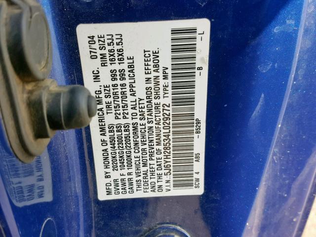 5J6YH28534L029272 - 2004 HONDA ELEMENT EX BLUE photo 10