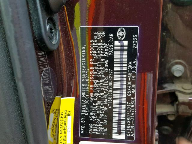 4T1BK1EB3DU032227 - 2013 TOYOTA AVALON BAS BURGUNDY photo 10