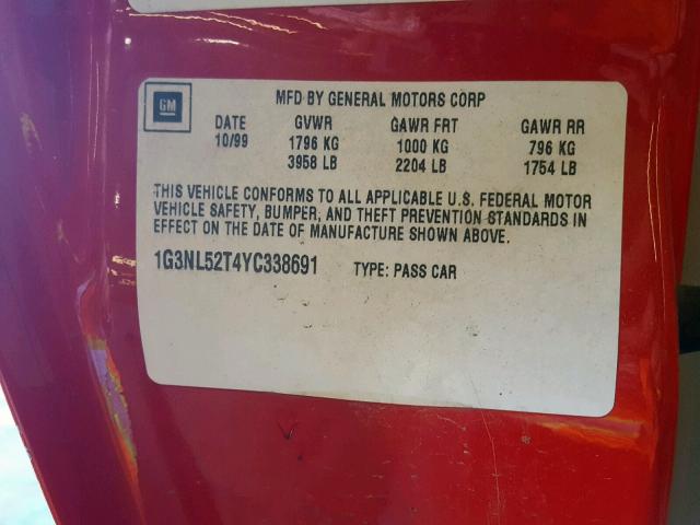 1G3NL52T4YC338691 - 2000 OLDSMOBILE ALERO GL RED photo 10