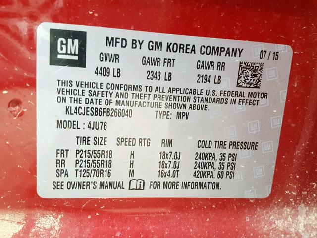 KL4CJESB6FB266040 - 2015 BUICK ENCORE RED photo 10