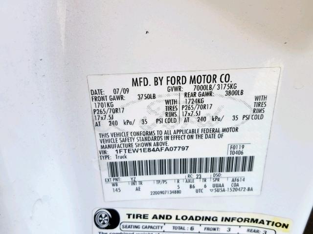 1FTEW1E84AFA07797 - 2010 FORD F150 SUPER WHITE photo 10