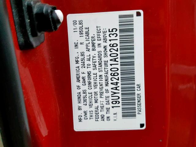 19UYA42601A026135 - 2001 ACURA 3.2CL TYPE RED photo 10