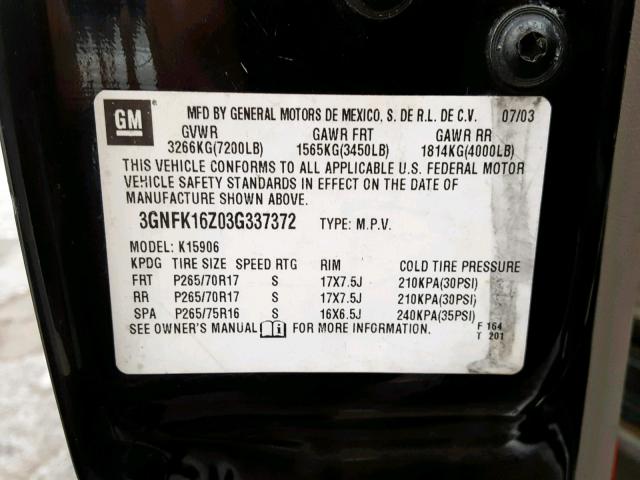 3GNFK16Z03G337372 - 2003 CHEVROLET SUBURBAN BLACK photo 10