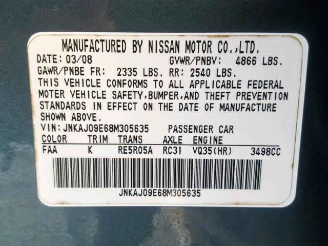 JNKAJ09E68M305635 - 2008 INFINITI EX35 BASE BLUE photo 10