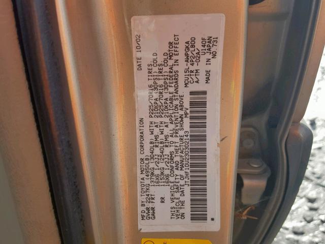 JTJHF10U230302143 - 2003 LEXUS RX 300 GOLD photo 10